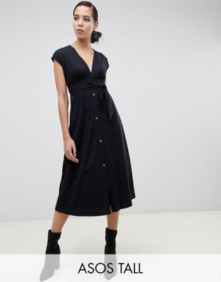 ASOS DESIGN Tall midi dress with belt and faux tortoiseshell buttons | ASOS