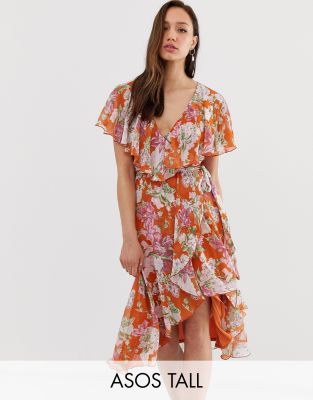 ASOS DESIGN Tall midi dress with cape back and dipped hem in red based floral-Multi