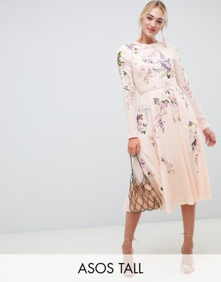 asos design midi dress with pretty floral and bird embroidery