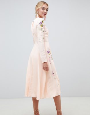 asos design midi dress with pretty floral and bird embroidery