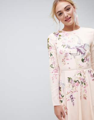 asos design midi dress with pretty floral and bird embroidery