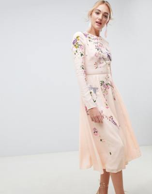 asos design midi dress with pretty floral and bird embroidery