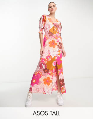 ASOS DESIGN Tall - Midi-Freizeitkleid aus Satin mit Blumenmuster, Schnürung vorne und gesmokten Bündchen-Bunt