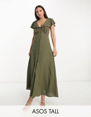 ASOS DESIGN Tall - Midi-Freizeitkleid in Khaki mit Knöpfen und Flatterärmeln-Grün