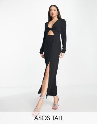 ASOS DESIGN Tall - Midi-Freizeitkleid in Schwarz mit Zierausschnitt und verdrehtem Detail