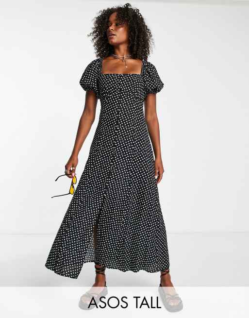 ASOS DESIGN Tall – Midi-Freizeitkleid mit Knopfleiste, schwarzweißem Punktmuster und Körbchen 