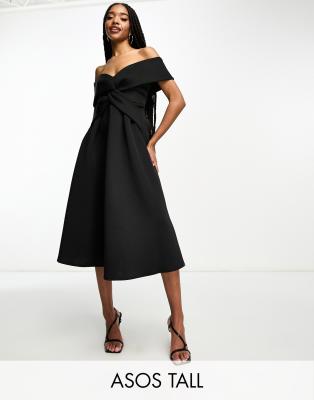 ASOS DESIGN Tall - Midi-galajurk in skaterstijl met gedraaid detail en blote schouders in zwart