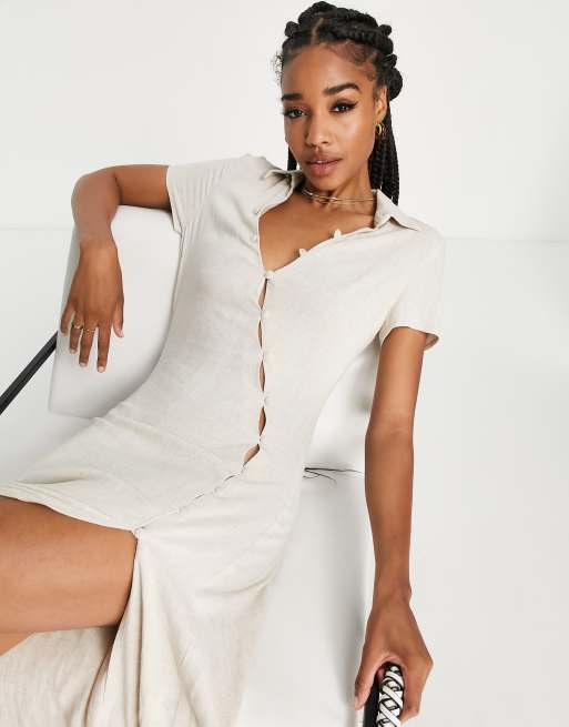 ASOS DESIGN Tall – Midi-Hemdkleid aus Leinen mit schräger Knopfleiste in Natural , 3 von 4