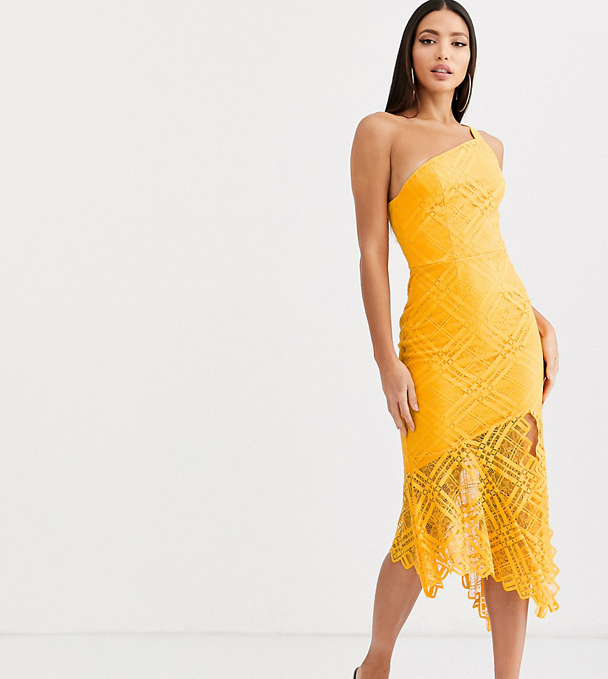 ASOS DESIGN Tall - Midi-jurk met blote schouder en kant-Geel