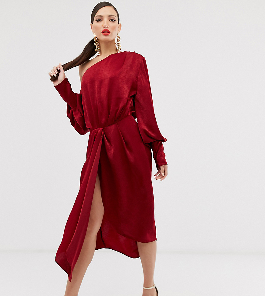 ASOS DESIGN Tall - Midi-jurk met blote schouder van satijn met wassing-Multi