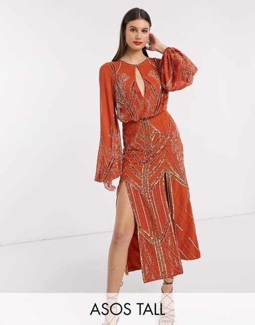 ASOS DESIGN Tall - Midi-jurk met blousonmouwen en lineaire versiering