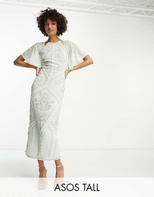 ASOS DESIGN Tall - Midi jurk met halternek bloemenversiering en fladdermouwen in lichtgroen