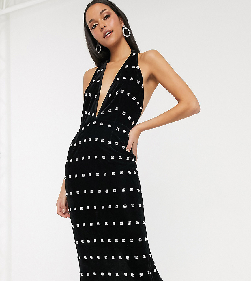 ASOS DESIGN Tall - Midi-jurk met halternek en versieringen van fluweel-Zwart