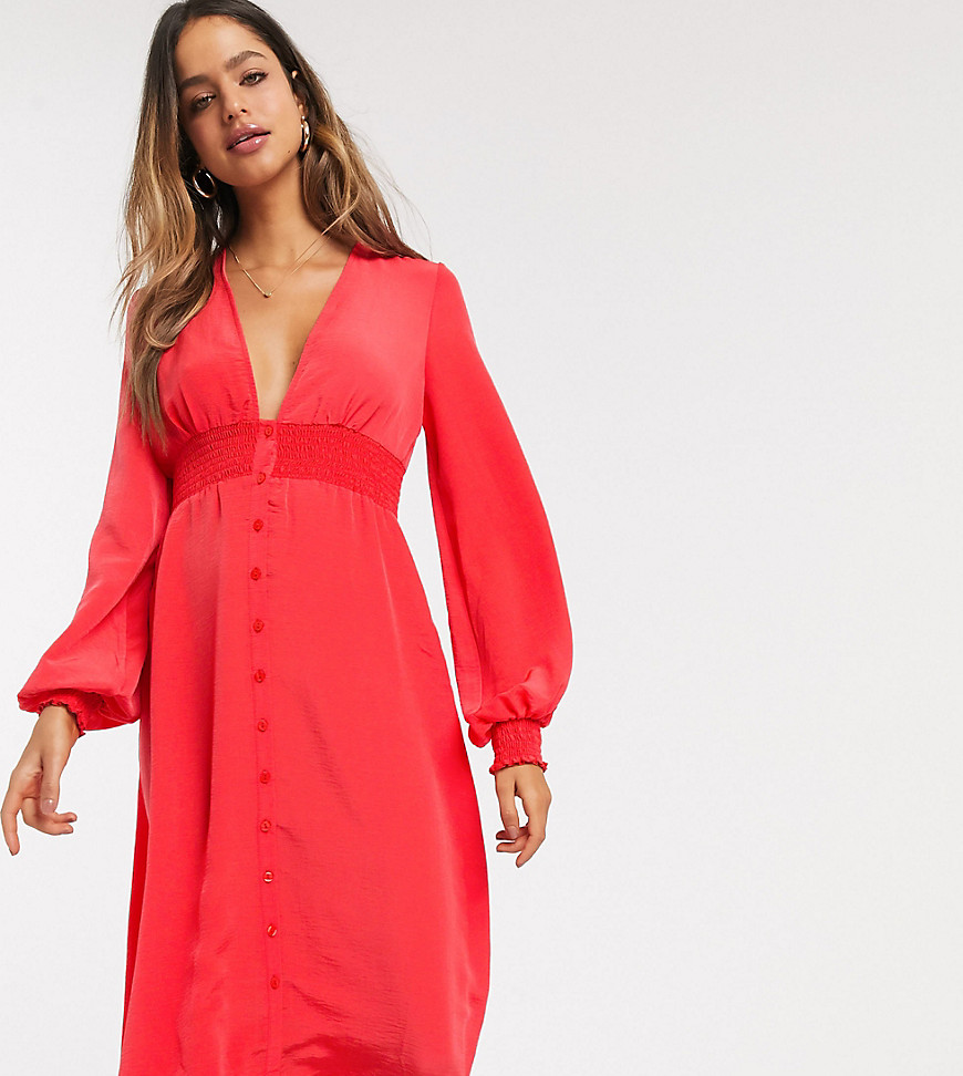 ASOS DESIGN Tall - Midi-jurk met lange mouwen, knopen en aangerimpelde taille in rood
