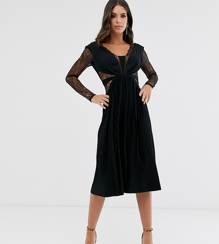 ASOS DESIGN Tall - Midi-jurk met lange mouwen met kant en plooien-Zwart
