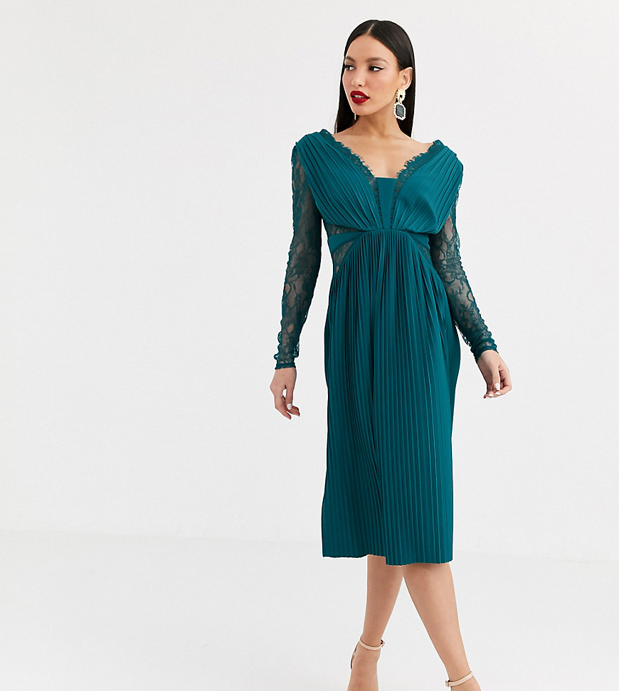 ASOS DESIGN Tall - Midi-jurk met lange mouwen met kant en plooien-Groen