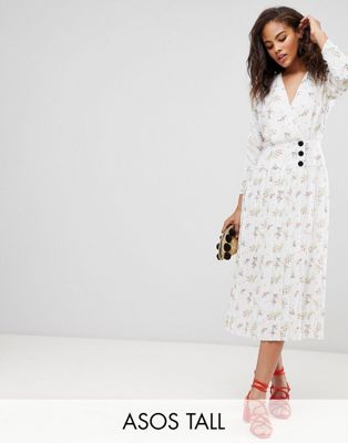 ASOS DESIGN TALL - Midi-jurk met plooien en knoopjes opzij in kleine bloemetjesprint-Multi