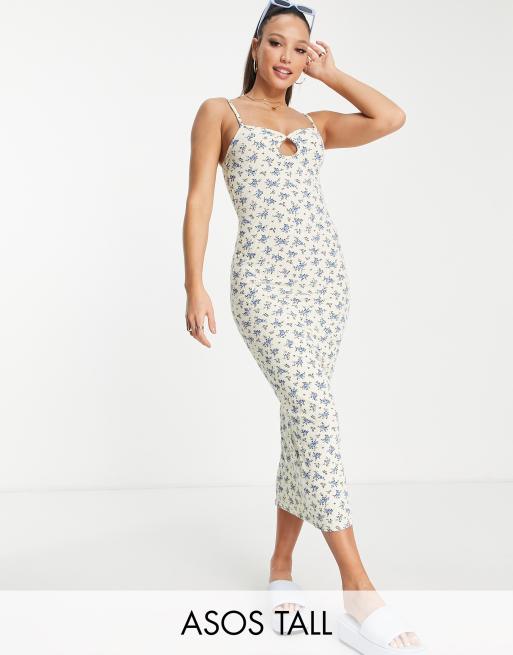 ASOS DESIGN Tall - Midi jurk met textuur, bandjes en keyhole detail in crème met fijne blauwe print 