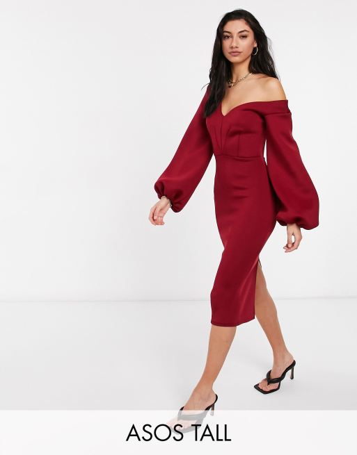 ASOS DESIGN Tall - Midi jurk met verlaagde schouder en ballonmouwen in wijnrood
