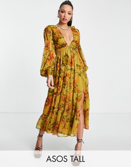 ASOS DESIGN Tall - Midi-jurk met zacht geplooid lijfje en vetersluiting op de rug met bloemenprint in olijfkleur