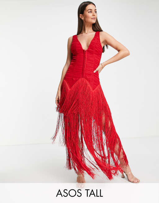 ASOS DESIGN Tall - Midi-jurk van mesh met verlaagde taille, korsetnaden en franjes in rood