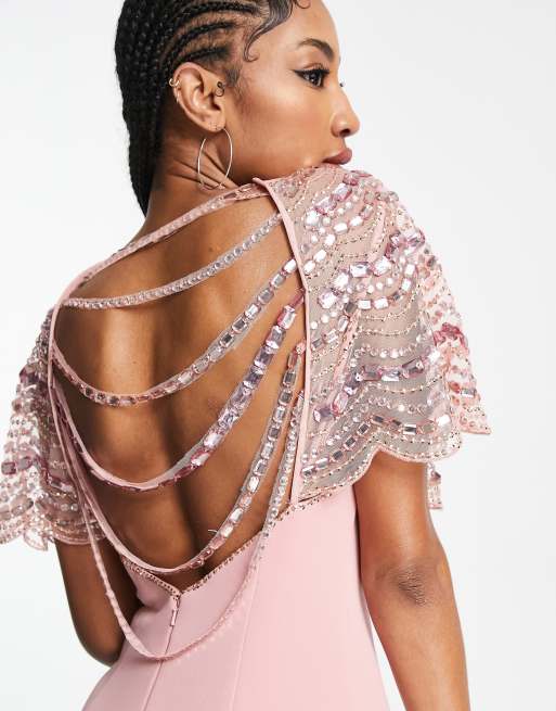 ASOS DESIGN Tall - Midi-jurk van scuba met versierde cape in lichtroze, 3 van 4