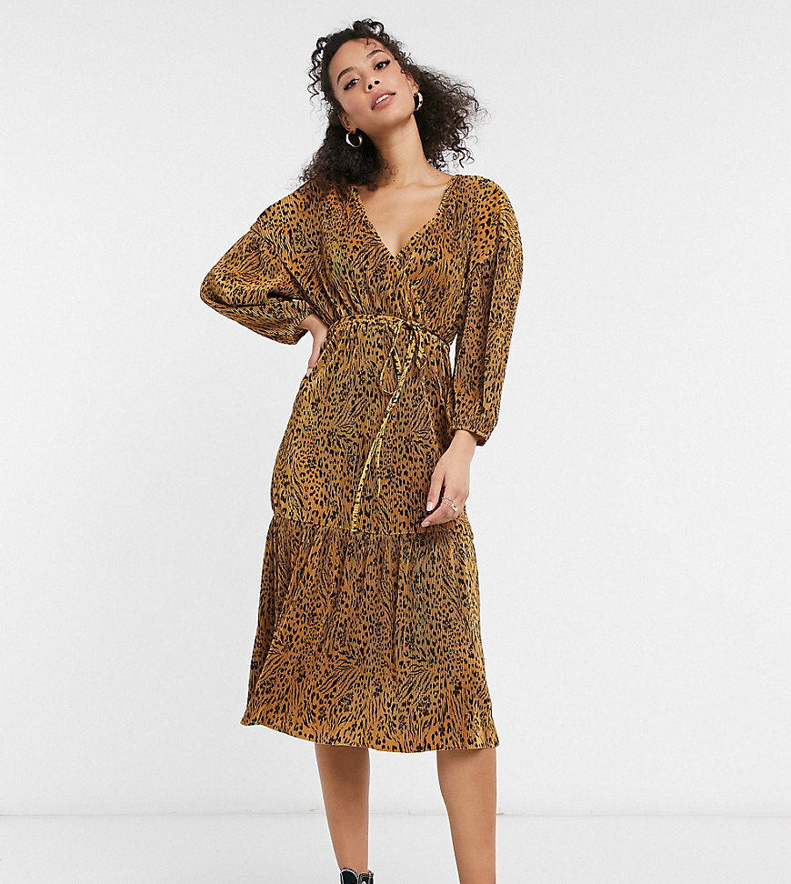 ASOS DESIGN Tall midi plisse wrap long sleeve belted dress in neutral animal print