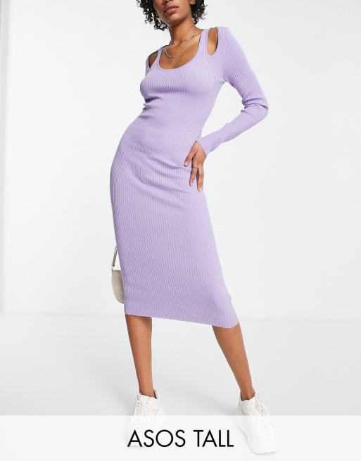 ASOS DESIGN Tall midi rib dress with cut out shoulder detail in lilac