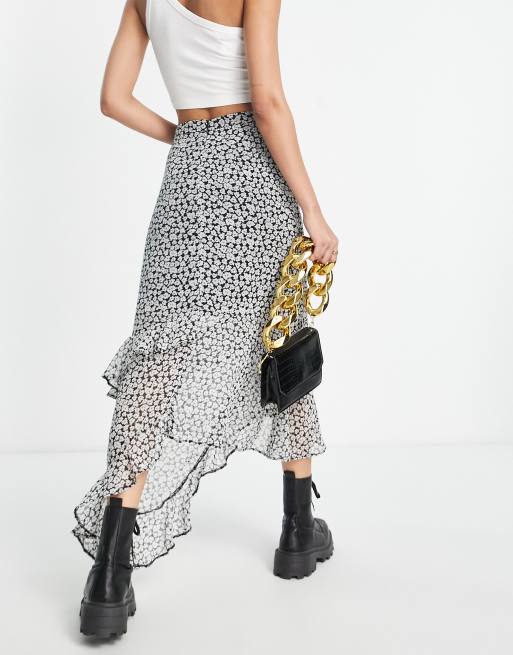 ASOS DESIGN Tall Midi rok met ruche en zwart witte bloemenprint