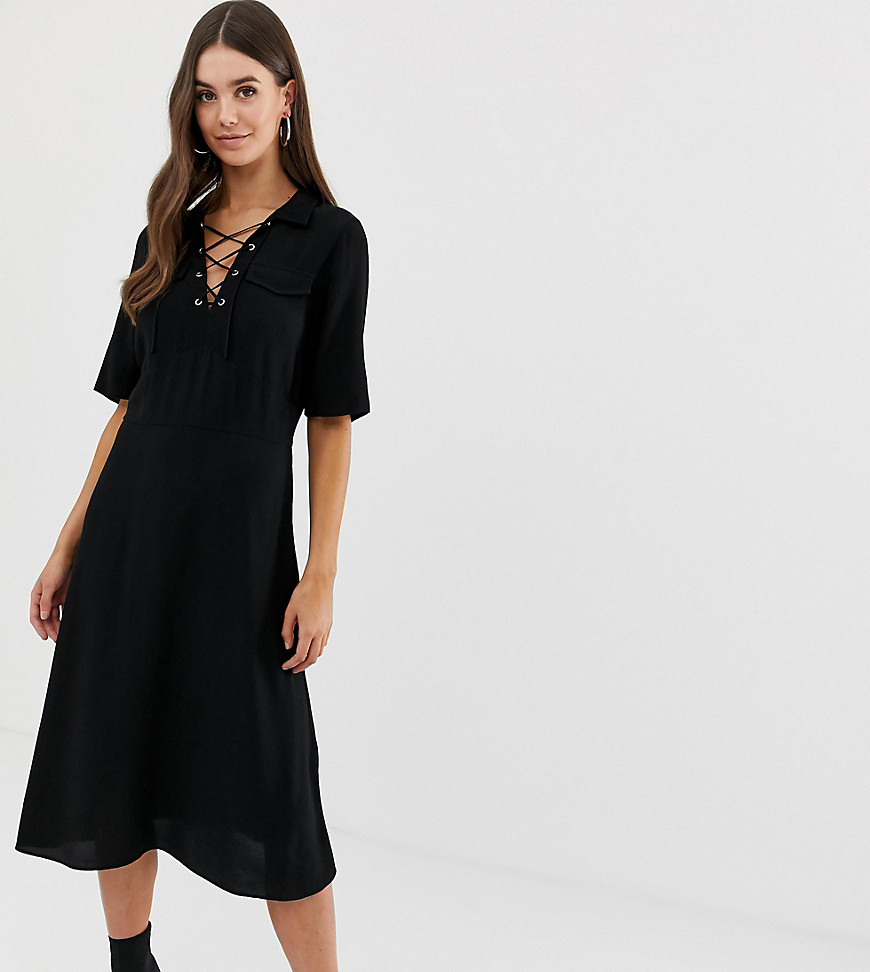ASOS DESIGN Tall midi shirt dress with lace up front-Black