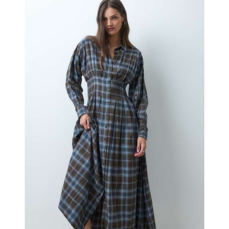 ASOS DESIGN Tall midi shirt dress with nipped waist in chocolate check