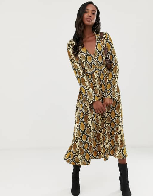 ASOS DESIGN Tall midi skater shirt dress with belt in snake print