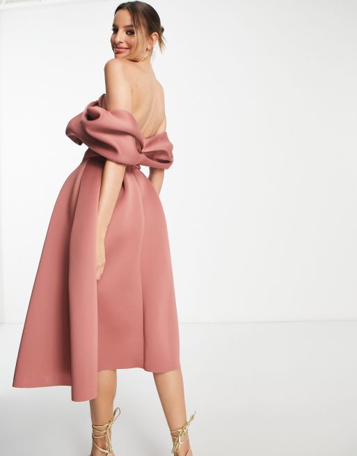 ASOS DESIGN Tall - Midi-skaterjurk met bardothals en uitsnijdingen in rozig roze, 2 van 4