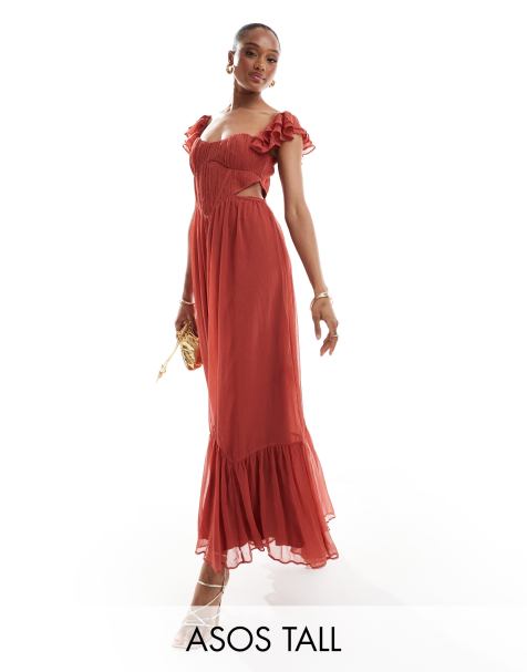 ASOS DESIGN Tall - Midi-skaterjurk met fladdermouwen, korset en uitsnijdingen in roze - view 1