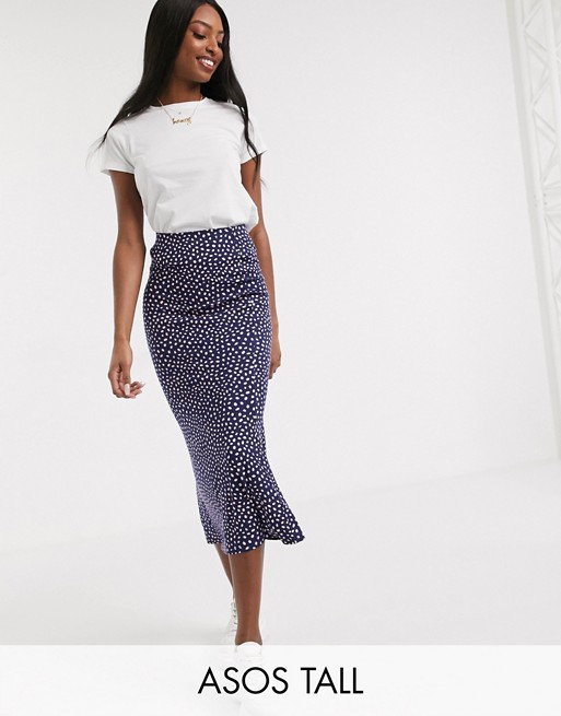 ASOS DESIGN Tall midi skirt with kick flare in polka dot print