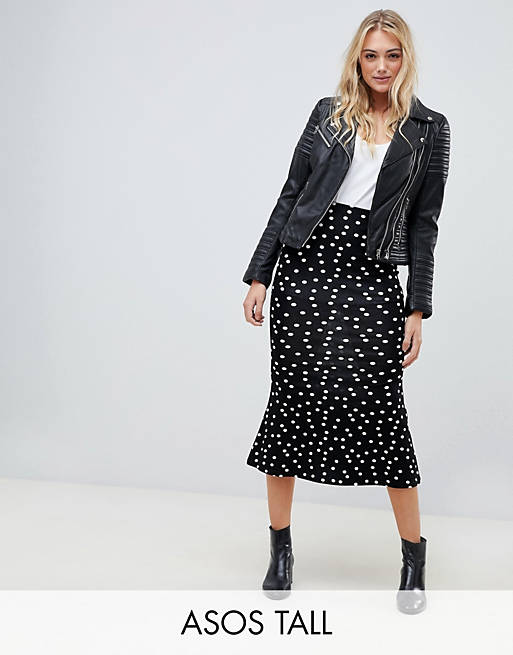 ASOS DESIGN Tall midi skirt with kickflare in polka dot print