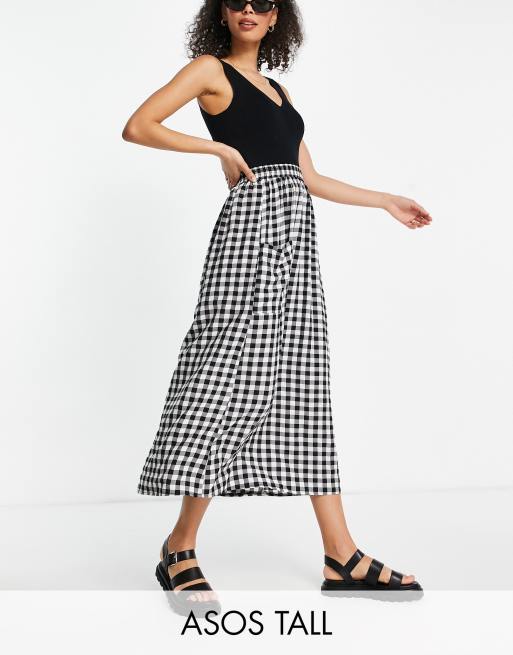 ASOS DESIGN Tall midi skirt with pocket detail in textured mono gingham check print