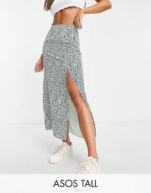 ASOS DESIGN Tall midi skirt with thigh split in green & ivory print