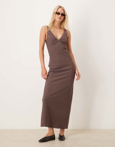 ASOS DESIGN Tall midi slip dress in brown and black gingham - view 1