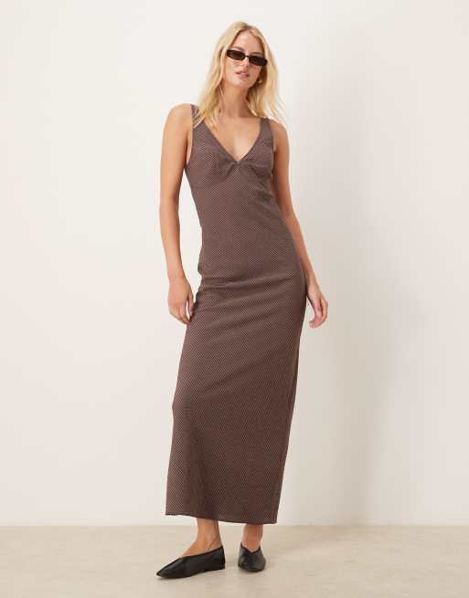 ASOS DESIGN Tall midi slip dress in brown and black gingham
