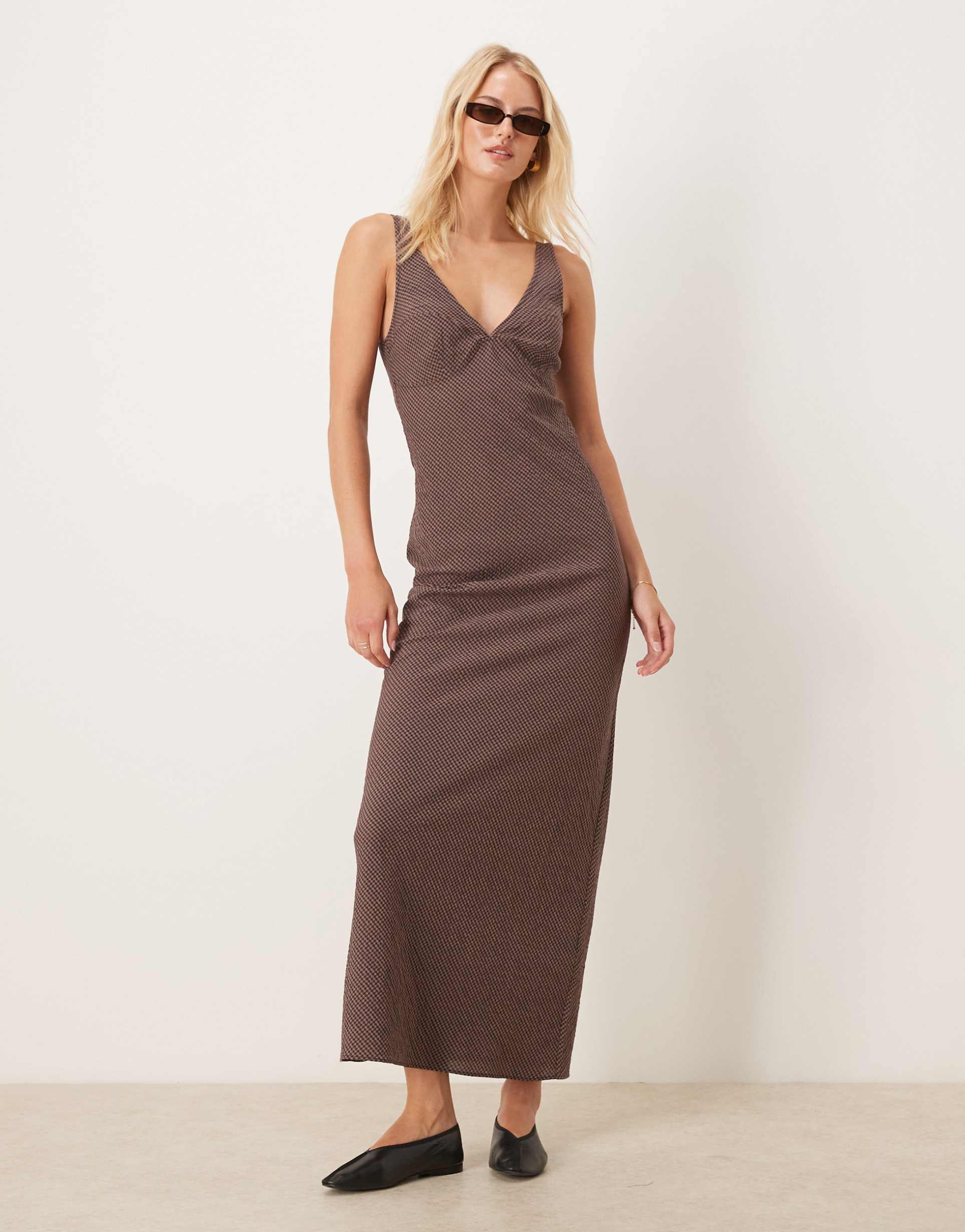 asos design tall midi slip dress in chocolate and black gingham