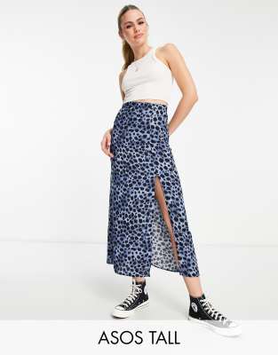 Asos Tall Asos Design Tall Midi Slip Skirt With Thigh Split In Dark Blue Leopard Print