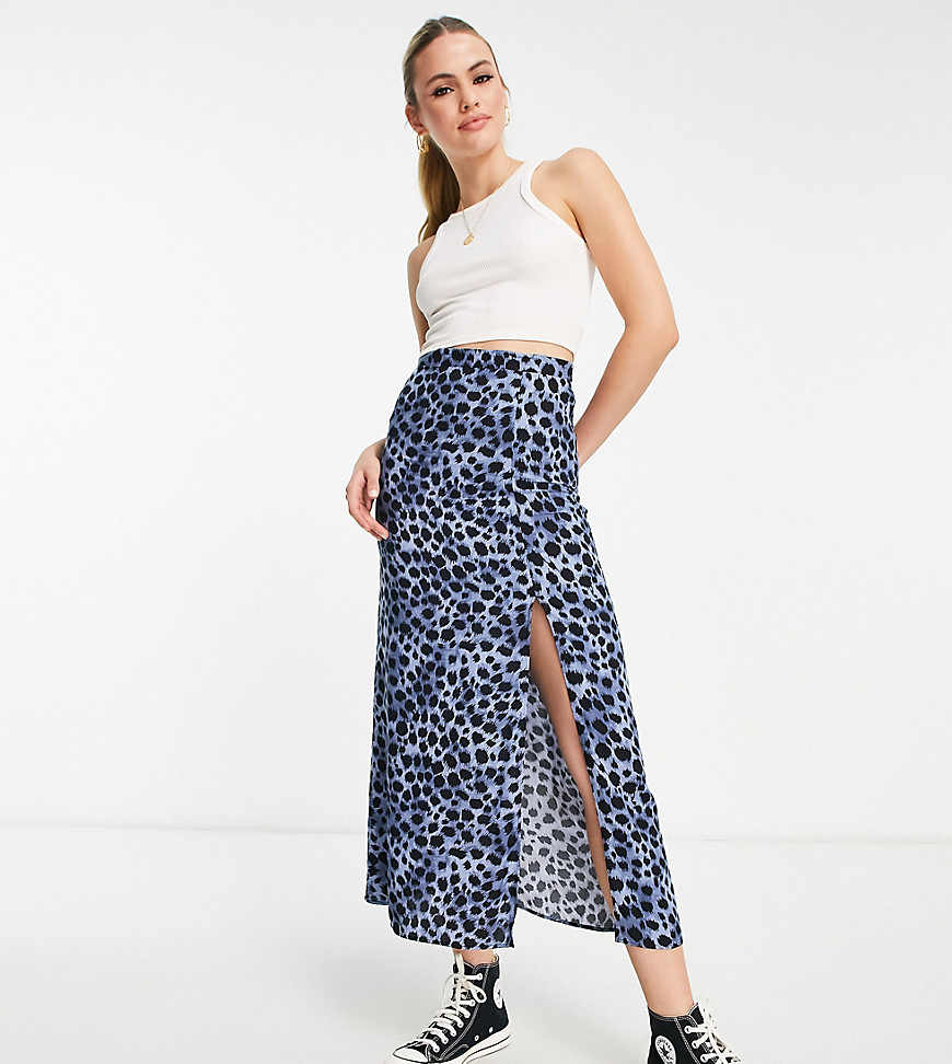 ASOS DESIGN Tall midi slip skirt with thigh split in dark blue leopard print