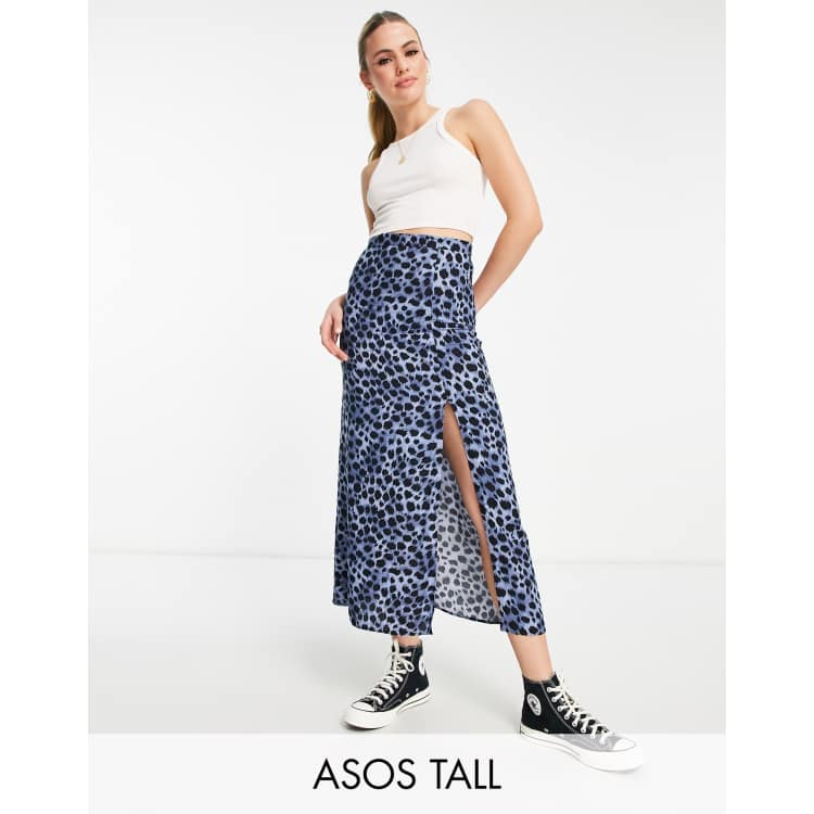 ASOS DESIGN Tall midi slip skirt with thigh split in dark blue leopard print