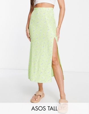 ASOS DESIGN Tall midi slip skirt with thigh split in lime floral print