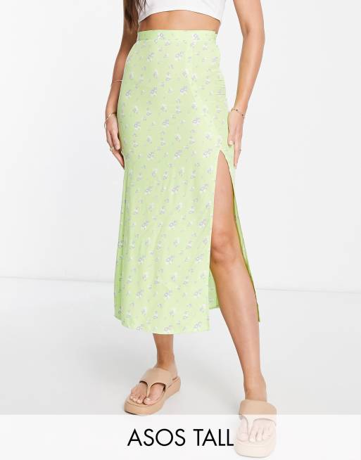 ASOS DESIGN Tall midi slip skirt with thigh split in lime floral