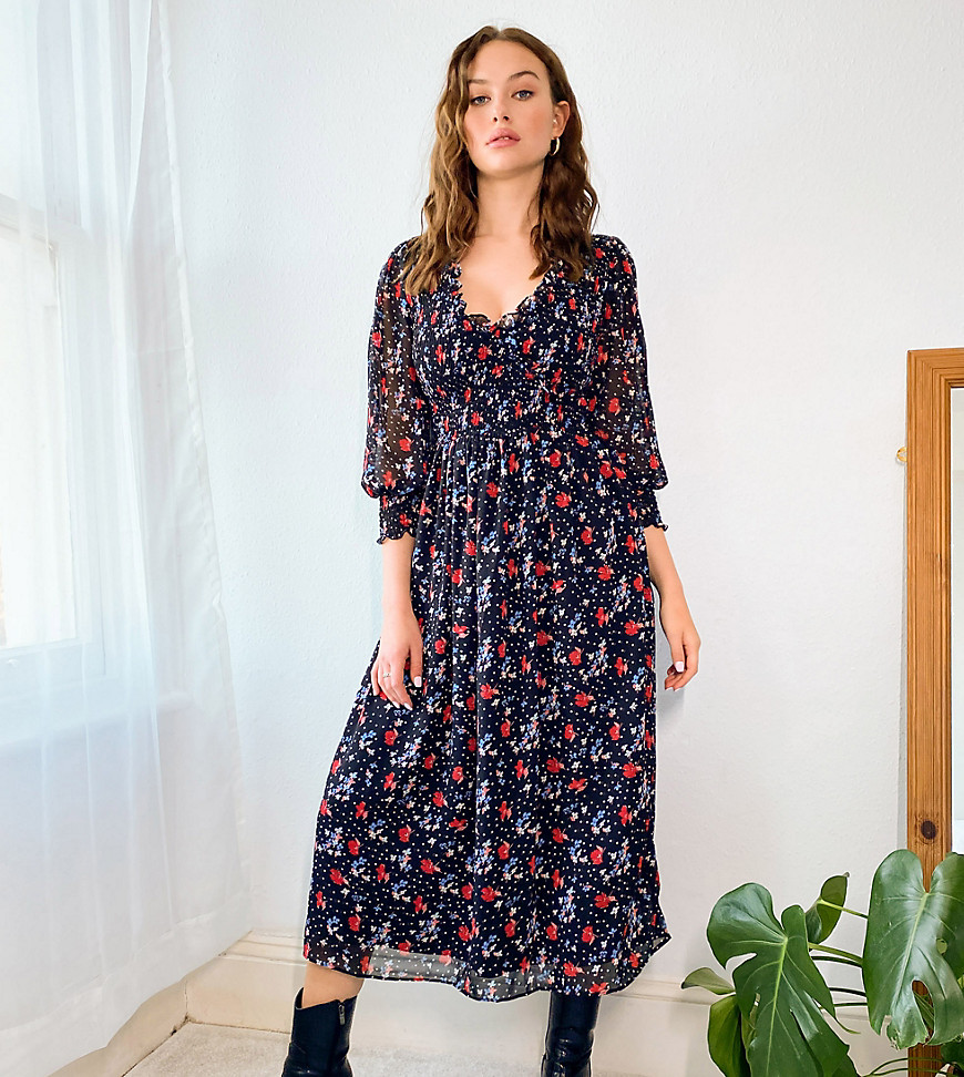 ASOS DESIGN Tall midi smock dress with shirred cuffs in spot floral-Multi