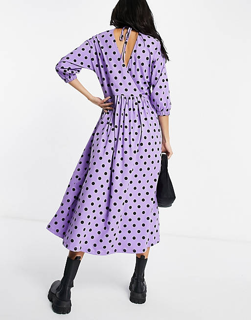 Dresses Tall midi smock dress with wrap top in purple and black spot 
