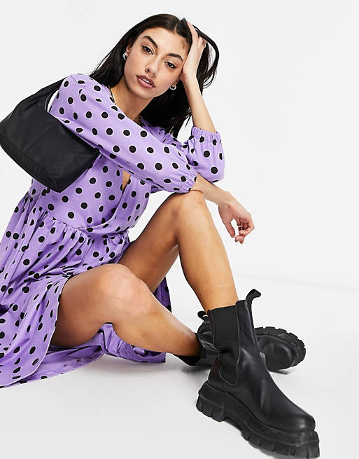 Dresses Tall midi smock dress with wrap top in purple and black spot 