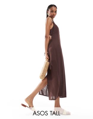 ASOS DESIGN Tall - Midi-Sommerkleid aus Leinen in Schokoladenbraun mit eckigem Ausschnitt und gebundener Rückseite-Brown